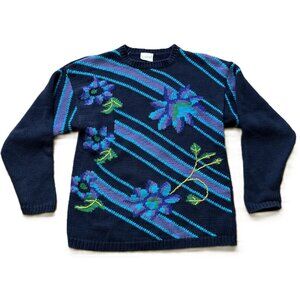 La Mona Knit Pullover Sweater Navy with Purple Floral Design Vintage 90s